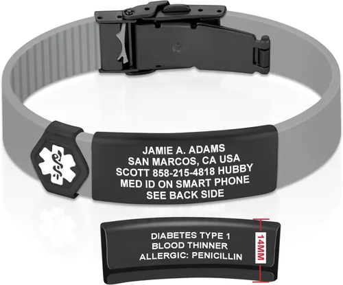 Vista 38 de Divoti Pulsera de identificación de alerta médica grabada personalizada, grabado láser de doble cara (hasta 9 líneas), pulsera de silicona ajustable
