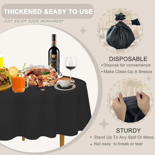 Vista 4 de D&Z - Juego de 6 manteles de plástico desechables, manteles redondos negros envueltos individualmente para interiores y exteriores, cubierta de mesa
