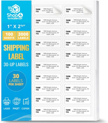 Shop4Mailers 30 etiquetas autoadhesivas permanentes blancas de 1 pulgada x 2 5/8 pulgadas, calcomanías fáciles de despegar para impresoras láser y