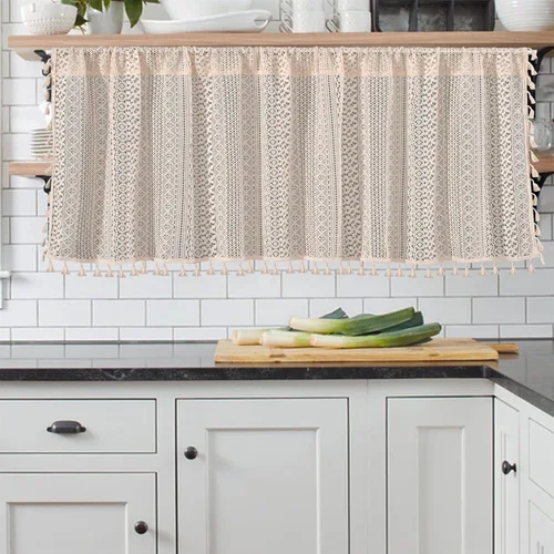 RYNGHIPY Cenefa de cortina de crochet para ventana de cocina, cortinas de macramé desgastadas con borlas, tratamiento de ventana de encaje de