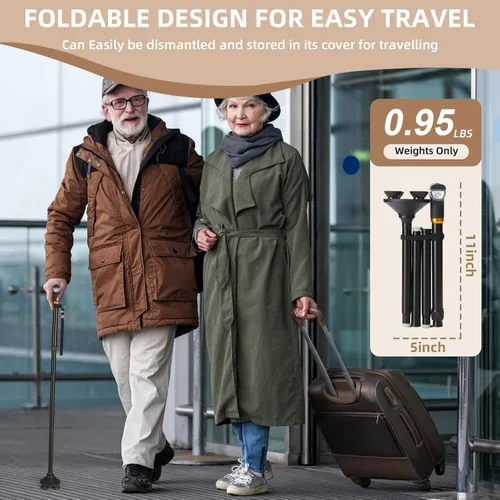 Vista 6 de Parlora Bastón para caminar con luz LED, plegable, ajustable, plegable, bastón de pie independiente, base cuádruple giratoria, bastones plegables