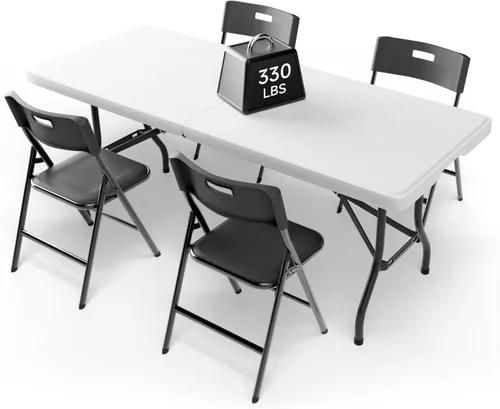 Vista 23 de Juego de mesa plegable de 4 pies con 4 sillas plegables, mesa resistente de 400 libras y sillas de 330 libras, paquete de muebles plegables