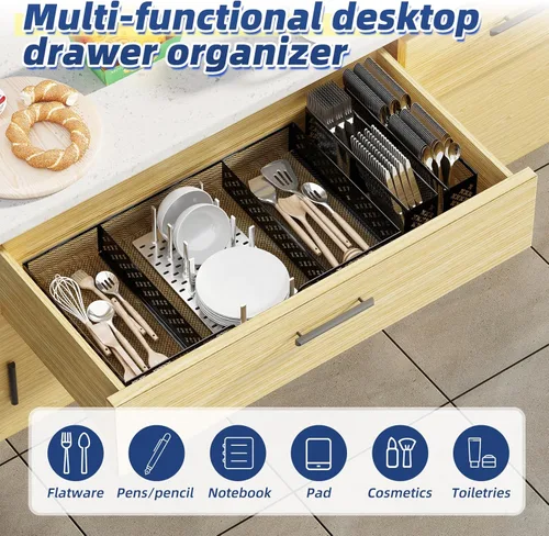 Vista 5 de Simple Trending Bandeja organizadora de cajones de escritorio con 2 compartimentos separados, separadores de malla metálica, accesorios