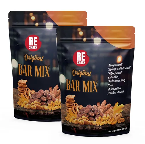 RESNACK Original Bar Mix – Cacahuetes picantes, palitos de maíz, palitos de sésamo, mini pretzels, almendras ahumadas – Mezcla de aperitivos,