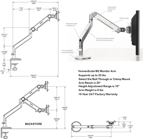 Vista 7 de Humanscale M2 M2CW1S Brazo articulado ajustable para monitor de computadora, abrazadera de dos piezas con base, aluminio pulido con ribete blanco