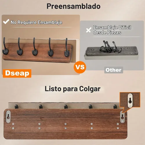 Vista 3 de Dseap Perchero de Pared: Moderno, Patentado, Resistente, 17.4" de Largo, Riel Colgador de Madera con 5 Ganchos Dobles para Abrigos de Invierno Negro