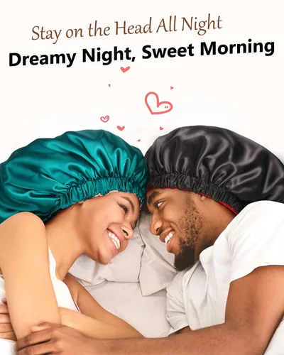 Vista 7 de mikimini Gorro de satén para hombres y mujeres, gorro de dormir reversible de doble capa para trenzas de cabello con banda elástica ajustable