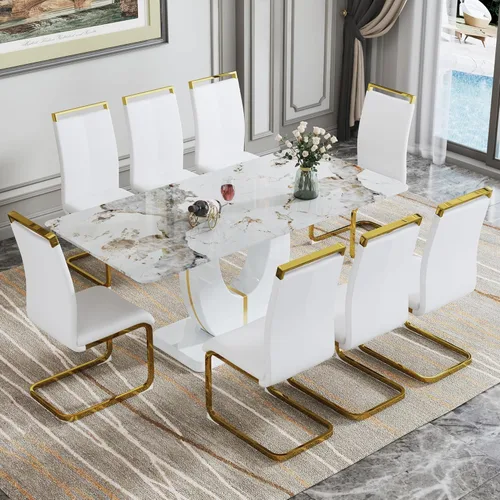 Vista 11 de JUFU Juego de mesa de comedor moderno para 4, juego de mesa de cocina rectangular de 63 pulgadas con mesa de mármol sintético y 4 sillas tapizadas