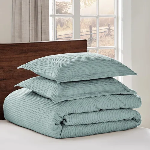 Vista 3 de Levtex Home - Juego de funda de edredón Cloud Waffle Blue Haze - Funda de edredón individual + dos fundas de almohada estándar - Tejido gofre