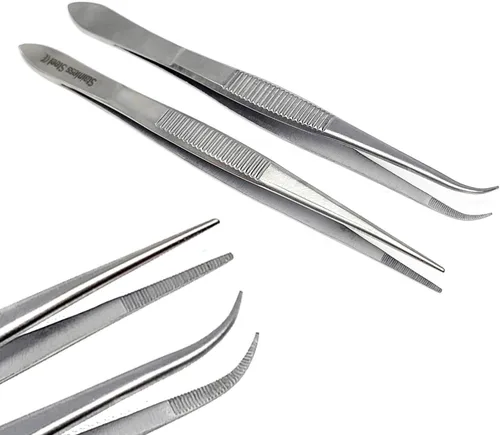 Juego de 2 pinzas quirúrgicas de micro precisión con puntas dentadas, pinzas de laboratorio de acero inoxidable, puntas rectas y curvadas de punta