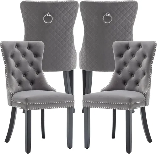 Juego de 4 Sillas de Comedor de Terciopelo Systemkenji, Sillas Tapizadas para Comedor con Adornos de Clavos, Sillas de Cocina de Madera para gris02