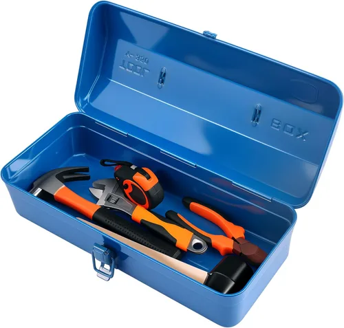 Caja de almacenamiento de herramientas grande de metal con asa para taller, caja de herramientas portátil de 15 pulgadas con tapa, caja organizadora