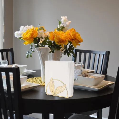 Vista 6 de Metal Napkin Holder with Leaf Design, Iron Decorative Napkin Stand for Kitchen and Dining Table, Gold Tissue Holder for Home and Restaurant Use