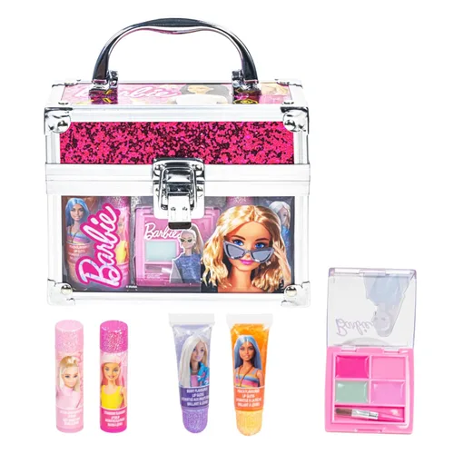 Barbie Beauty Mini Train Case Set incluye tubo de brillo de labios, bálsamo labial, brillo de labios compacto para fiestas de pijamas de niñas