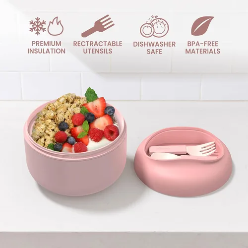 Vista 5 de Bentgo Tazón - Tazón Aislado Resistente a Fugas con Compartimento para Aperitivos, Utensilios Plegables y Diseño Mejorado de Agarre Fácil