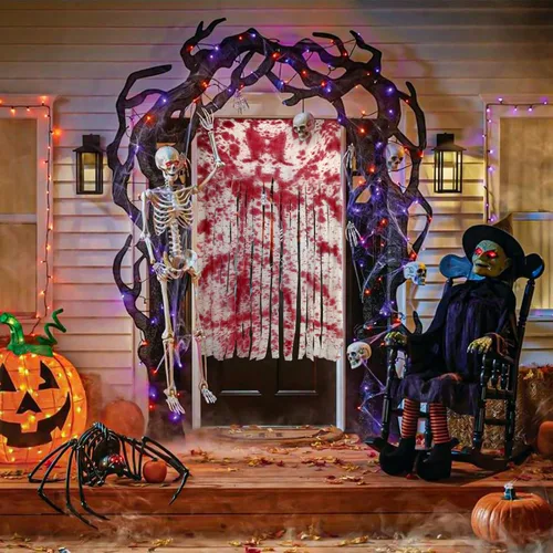 Vista 4 de Paquete de 2 cortinas de Halloween con murciélagos, 3.3 x 5.4 pies, cubierta de puerta de garaje Pocus para decoración al aire libre, paño blanco