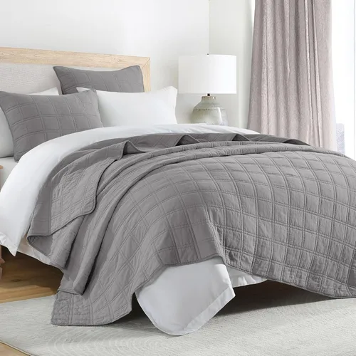 Vista 22 de HORIMOTE HOME Juego de edredón 100% algodón tamaño Queen, juego de colcha prelavada gris claro, funda de cama decorativa con costuras ligeras y 2