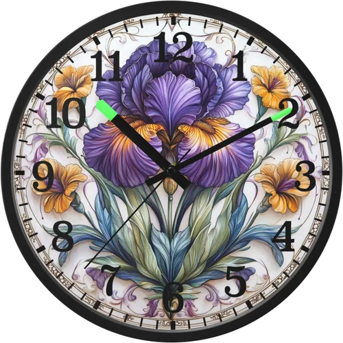 Luminous Voice-Activated Clocks Non-Ticking Silent Battery Operated Small Analog Clock Retro Iris Flower Pattern 12 Inch Decorative for Kitchen