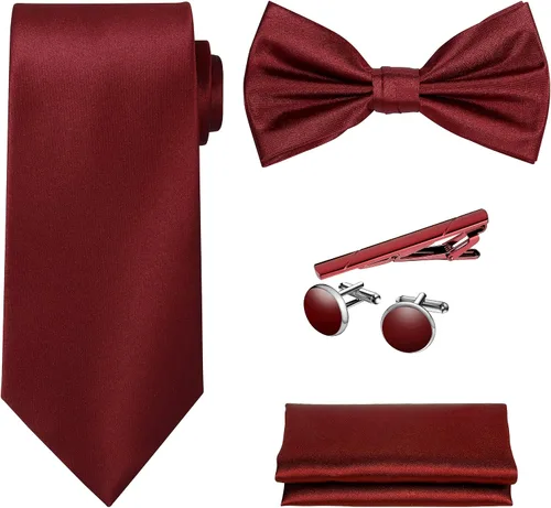 TIE G - Juego de 5 corbatas en caja de regalo blanco o negro corbata de color sólido, corbata de satén, cuadrado de bolsillo, solapa, gemelos, Blanco