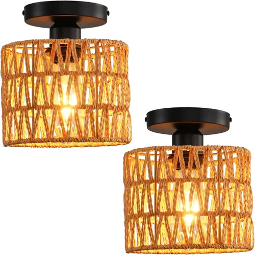 Vista 17 de Lámpara de Techo, Lámpara de Techo de Ratán Tejida a Mano de Montaje Empotrado, Lámparas de Techo Estilo Granja Montaje de Techo Boho para Pasillo