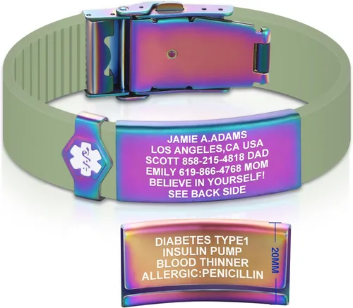 Vista 135 de Divoti Pulsera de identificación de alerta médica grabada personalizada, grabado láser de doble cara (hasta 9 líneas), pulsera de silicona ajustable