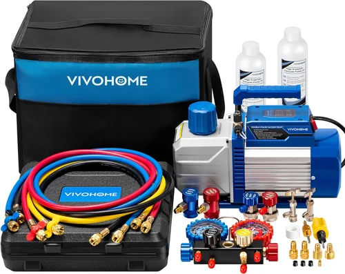 Vista 2 de VIVOHOME Bomba de vacío HVAC de 3/4 HP 7.2CFM y kit de medidor de CA de 4 vías y báscula de carga digital de refrigerante de 220 libras con estuche