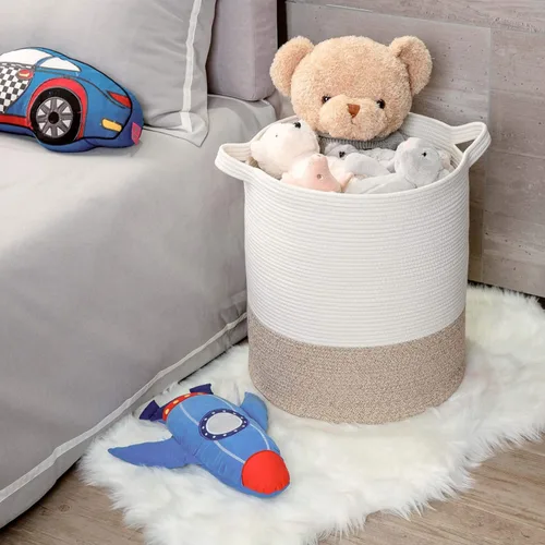 Vista 5 de MINTWOOD Design Cesta decorativa de cuerda de algodón tejida extra grande de 20 x 18 pulgadas, cesta alta para ropa sucia, cesta de manta para sala