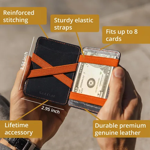 Vista 3 de Hunterson Cartera mágica, cartera minimalista para hombres con tarjetero RFID, cartera de cuero para 8 tarjetas, 01 Negro, Cartera Rfid