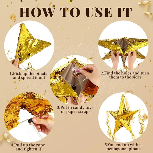 Vista 3 de Piñata de estrella de aluminio con venda y murciélago para niños, forma de estrella de cumpleaños, piñata plegable con palito de piñata, estrella