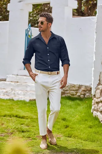 Vista 29 de COOFANDY Camisa Oxford de manga larga con botones para hombre, camisas de vestir de ajuste regular