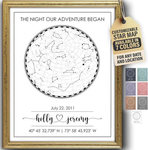 Vista 30 de Impresión artística personalizada de mapa de estrellas, totalmente personalizada (tus detalles, tamaño, color, marco), regalo para el día