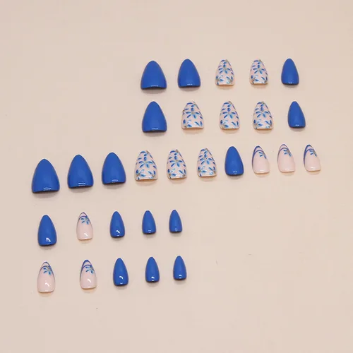 Vista 3 de Uñas postizas a presión con flores azules, uñas postizas medianas en forma de almendra, punta francesa, cobertura completa, uñas con pegamento