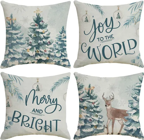 Juego de 4 fundas de almohada de Navidad de 18 x 18 pulgadas, decoración de Navidad, árbol de Navidad, renos, fundas de cojín de casa de campo para