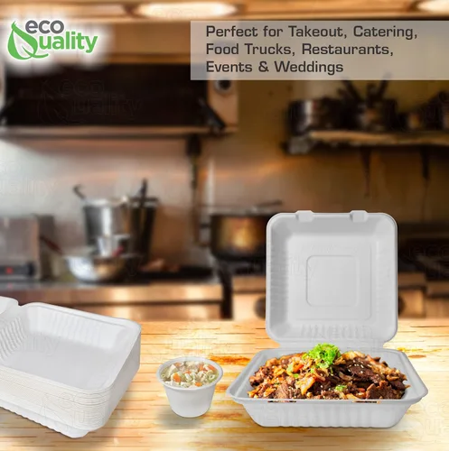 Vista 7 de Contenedor de comida cuadrado compostable con bisagras para llevar, 9 x 9 x 3 pulgadas, contenedores desechables de calidad resistente, con un solo
