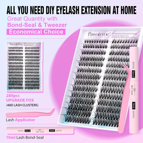Vista 2 de Kit de racimos de pestañas Pawotence, kit de extensión de pestañas ojo de gato, kit de extensiones de pestañas en racimo 9-16mm, 40D, pestañas