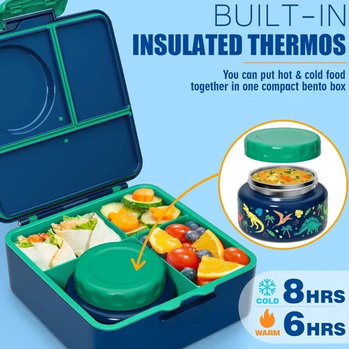 Vista 2 de Fimibuke Lonchera Bento para niños y adultos, recipiente de almuerzo para niños pequeños de 3-4 compartimentos, 60 oz, con frasco de comida aislado