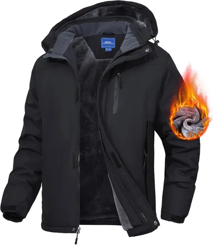 Vista 18 de Chaqueta de esquí para hombre, impermeable, con forro de vellón, abrigo de nieve cálido, cortavientos, con capucha, para el invierno