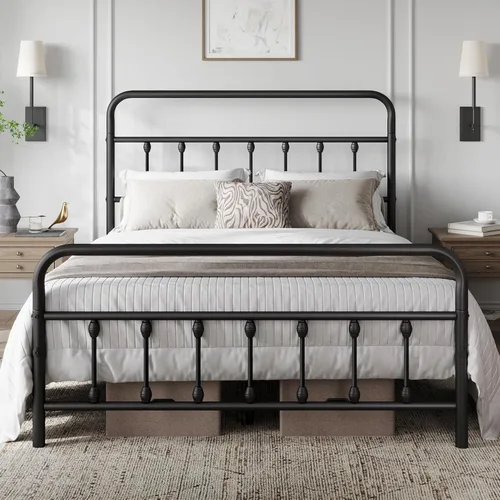 Vista 10 de Yaheetech Base de cama clásica de metal con base de colchón con estilo victoriano, cabecera, estribo, debajo de la cama, no necesita somier