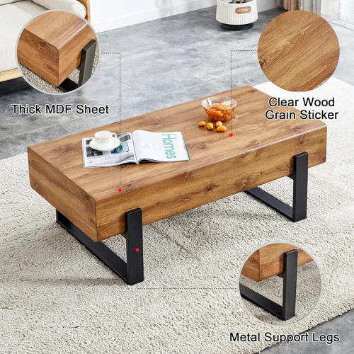 Vista 4 de Mesa de centro rectangular rústica, moderna mesa de centro simple de madera con patas de metal, mesa central para sala de estar