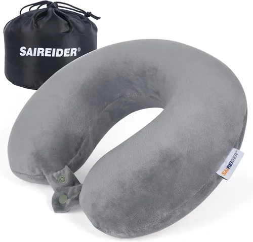 Vista 9 de SAIREIDER Almohadas de viaje para dormir en avión 100% espuma viscoelástica pura para el cuello Almohada para el cuello de avión Funda lavable (Gris)