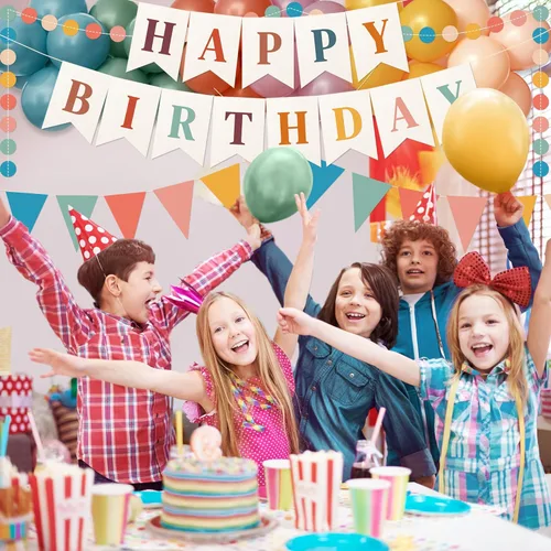Vista 7 de Kriyokiaa Juego de decoraciones retro boho de feliz cumpleaños con globos de arco iris, pancarta de feliz cumpleaños, bandera de papel, guirnalda