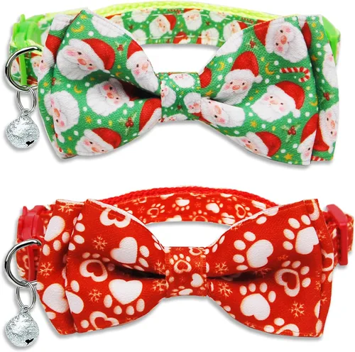 Paquete de 2 collares de gato de Papá Noel de Navidad con patas de invierno y copo de nieve con pajarita y campana, lindo collar de gatito navideño