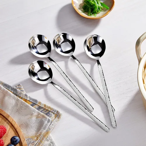 Vista 4 de KEAWELL Cucharas Premium Coreanas para Sopa con Mangos Largos, Juego de 4, Acero Inoxidable 18/10, Aptas para Lavavajillas (Martillado)