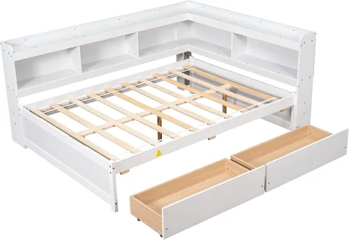 Vista 17 de Quarte Elegante cama de plataforma con estanterías en forma de L, cama de plataforma de madera tamaño individual con 2 cajones de almacenamiento