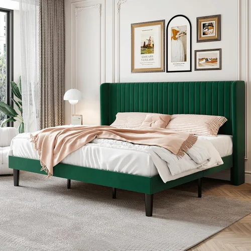 Vista 19 de SHA CERLIN Base de cama de terciopelo tamaño Queen con cabecera capitoné de canal vertical, plataforma tapizada con listones de madera, no necesita