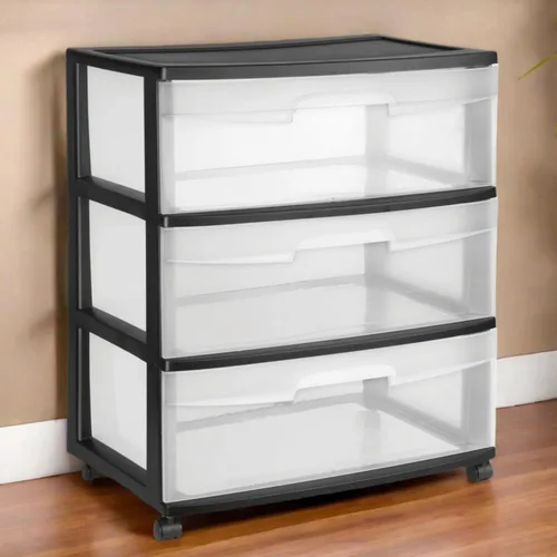 Vista 2 de Carrito de almacenamiento de plástico ancho de 3 cajones, cajones extraíbles transparentes con asas, color negro