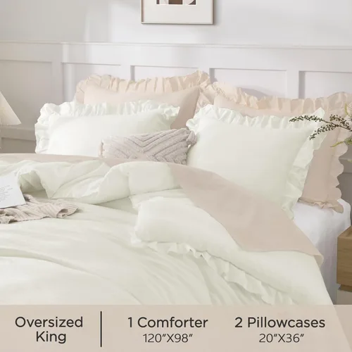 Vista 284 de Andency - Edredón beige con volantes tamaño individual, de 2 piezas, estilo rústico shabby clásico para niños, ligero y suave de microfibra