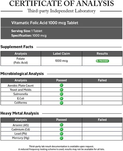 Vista 3 de Vitamatic Ácido fólico 1000 mcg (1 mg) - Tabletas vegetarianas - 1667 mcg DFE - Vitamina B9 (240 unidades (paquete de 1))