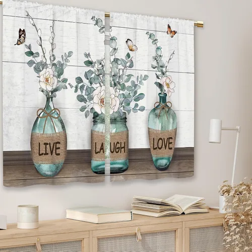 Vista 3 de Cortinas de cocina de granja de Laifzere, hojas rústicas verdes de eucalipto, cortinas cortas pequeñas para cafetería, cortinas de ventana de planta