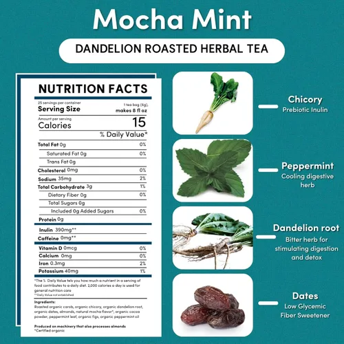Vista 2 de Teeccino Té de menta moca con diente de león, sin cafeína, té de hierbas tostadas con prebióticos, 3 veces más hierbas que las bolsas de té